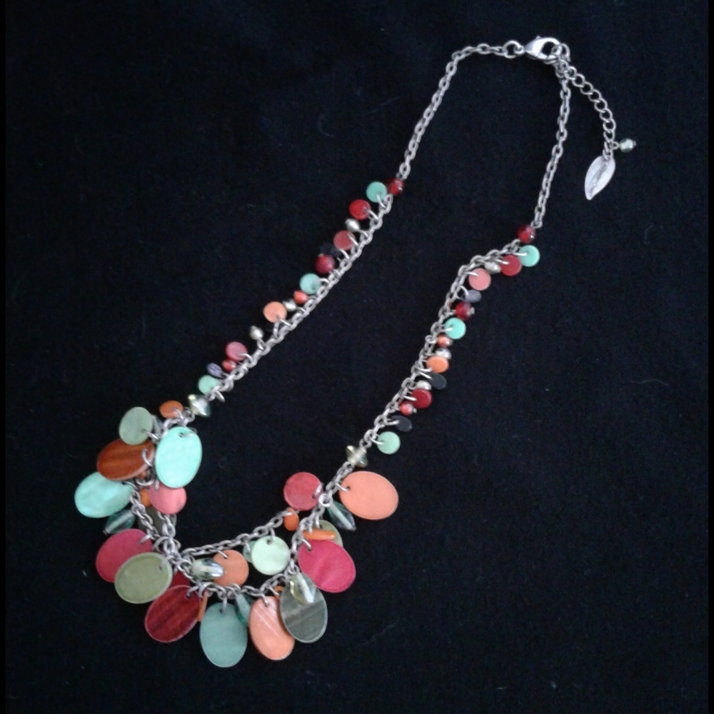 Necklace, mixed media, colorful beads and disks